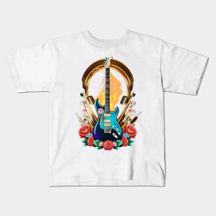 Electric guitar blue with fire 15 Kids T-Shirt